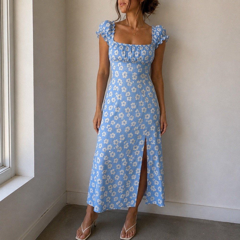 Hello Molly Blue Floral Midi Dress Smocked Slit Size 4 Cottagecore Summer